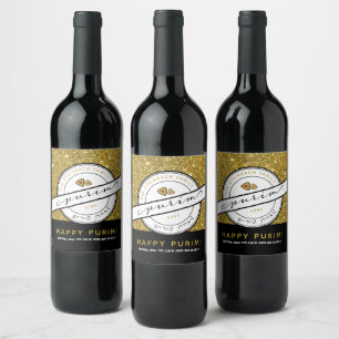 Étiquette Pour Bouteilles De Vin HAPPY PURIM Script Parties scintillant d'or person