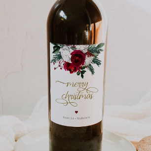 Étiquette Pour Bouteilles De Vin HOLLY Bourgogne Gold Floral Joyeux Noël