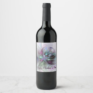 Étiquette Pour Bouteilles De Vin Imaginaire coloré Abstrait Fleur fractale moderne