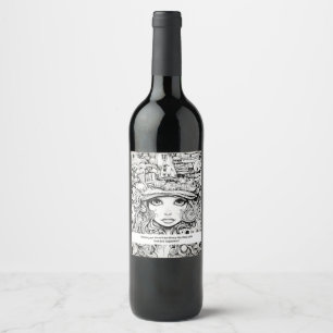 Étiquette Pour Bouteilles De Vin Inspiration doodle fille noir et blanc