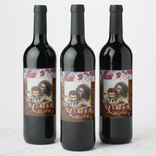 Étiquette Pour Bouteilles De Vin Intemporel Rustique Bleu Bourgogne Floral Mariage