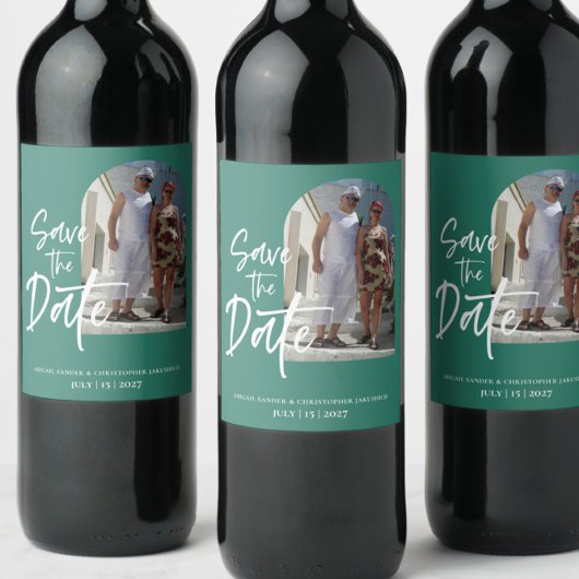 Étiquette Pour Bouteilles De Vin Invitation "Sauver la date" Photo de Forest Green