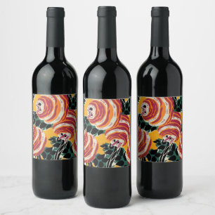 Étiquette Pour Bouteilles De Vin Jaune Moutarde & Décor Floral Art Déco Orange