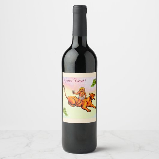 Étiquette Pour Bouteilles De Vin Jeune Bacchus chevauchant une lionne et des raisin (Devant)