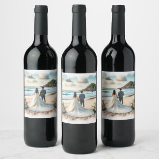 Étiquette Pour Bouteilles De Vin Jeune couple de mariés sur la plage