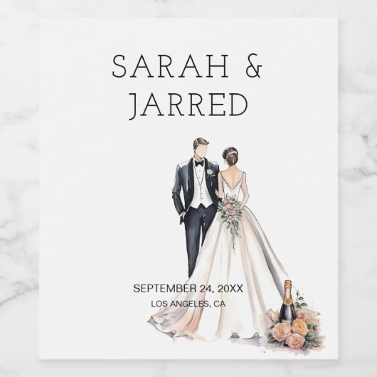 Étiquette Pour Bouteilles De Vin Jeunes mariés aquarelle Mariage (Étiquettes simples)