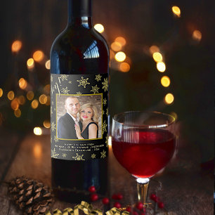 Étiquette Pour Bouteilles De Vin Joie ! Festive Gold Snowflakes & Photo Holiday
