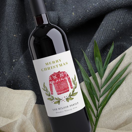 Étiquette Pour Bouteilles De Vin Joli feuillage rouge vert moche doux Noël hiver