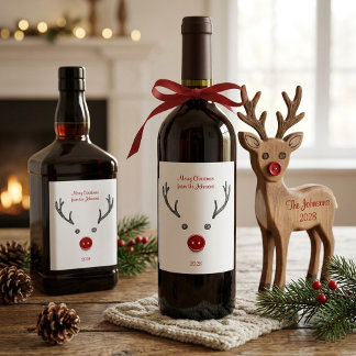 Étiquette Pour Bouteilles De Vin Joli nez de bouton rouge de renne Vin de Noël