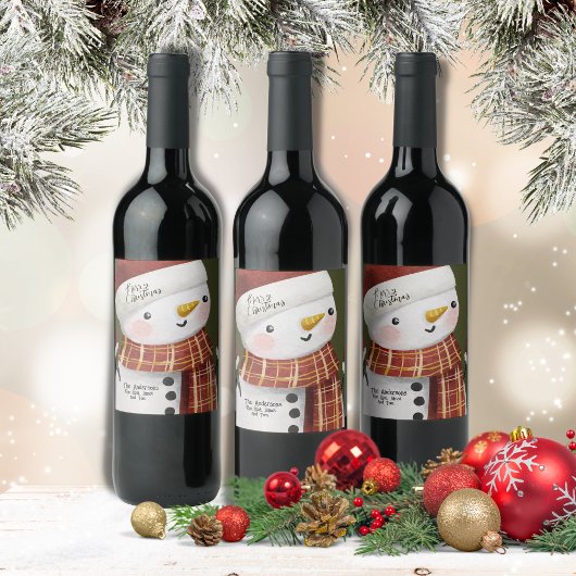 Étiquette Pour Bouteilles De Vin Joli Snowman Snowflakes Joyeux Noël