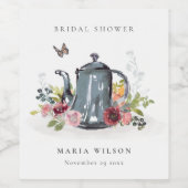 Étiquette Pour Bouteilles De Vin Joli Théière Fleurs Roses Joyeuses Lavage Bride (Étiquettes simples)