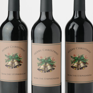 Étiquette Pour Bouteilles De Vin Jolie Bow Noël cloches de Noël Green Nom personnal