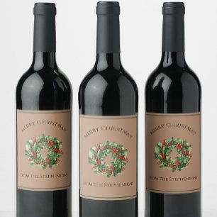 Étiquette Pour Bouteilles De Vin Jolie couronne rouge et verte de Noël Nom personna
