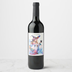 Étiquette Pour Bouteilles De Vin Jolie Sorcière tenant Chat noir Thunder_Cove