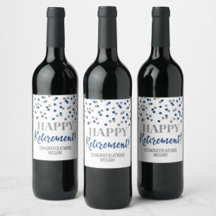 Étiquette Pour Bouteilles De Vin Joyeuse Retraite Confettis Bleu Argent