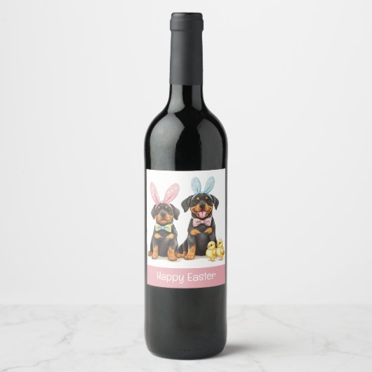 Étiquette Pour Bouteilles De Vin Joyeuses Pâques Rottweiler Chiens Oreilles de Lapi (Devant)