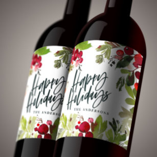 Étiquette Pour Bouteilles De Vin Joyeuses vacances aquarelle script floral