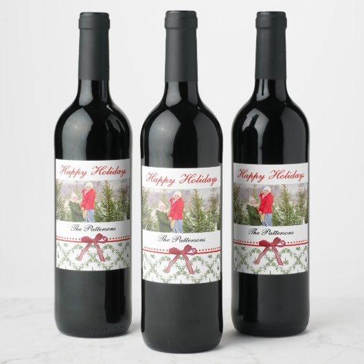 Étiquette Pour Bouteilles De Vin Joyeuses vacances Mistletoe Red Bow Family Photo (Bouteilles)