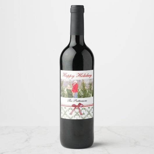 Étiquette Pour Bouteilles De Vin Joyeuses vacances Mistletoe Red Bow Family Photo (Devant)