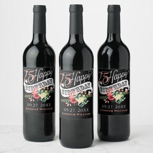 Étiquette Pour Bouteilles De Vin Joyeux 25e anniversaire Typographie & Fleurs (Bouteilles)