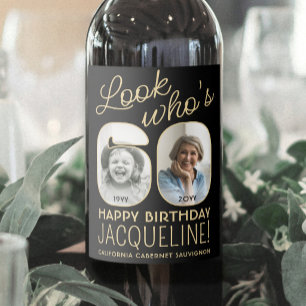 Étiquette Pour Bouteilles De Vin Joyeux Anniversaire 60 Ans Fête avec 2 Photos Noir