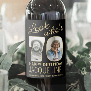 Étiquette Pour Bouteilles De Vin Joyeux Anniversaire 70 Ans Fête avec 2 Photos Noir