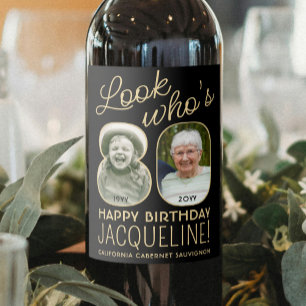 Étiquette Pour Bouteilles De Vin Joyeux Anniversaire 80 Ans Fête avec 2 Photos Noir