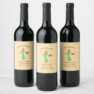 Étiquette Pour Bouteilles De Vin Joyeux anniversaire, Abstraite dame et fleurs