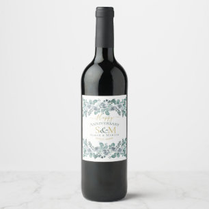 Étiquette Pour Bouteilles De Vin Joyeux anniversaire monogramme vert jardin feuille
