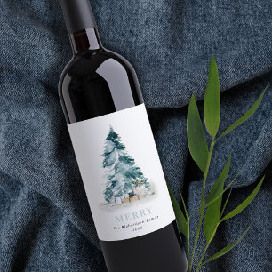 Étiquette Pour Bouteilles De Vin Joyeux Aquarelle Neige Pine Noël Arbre Cadeaux