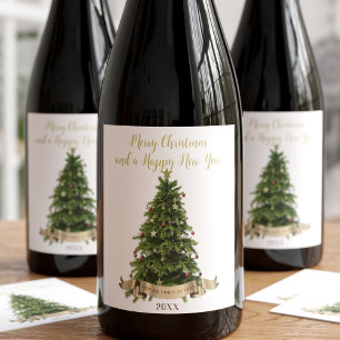 Étiquette Pour Bouteilles De Vin Joyeux Arbre De Noël Élégant De Notre Nom De Famil
