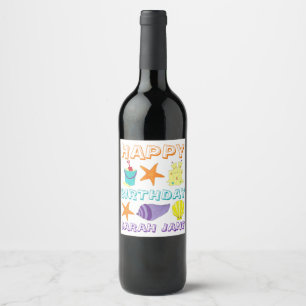 Étiquette Pour Bouteilles De Vin Joyeux Birthday Beach Seashell Starfish Sandcastle