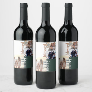Étiquette Pour Bouteilles De Vin Joyeux et bienheureux Noël de famille Photo verte