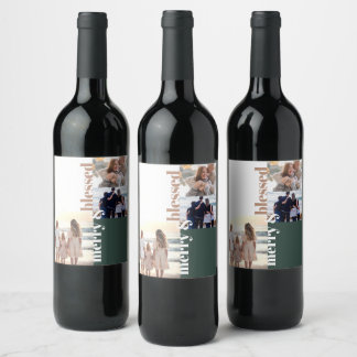 Étiquette Pour Bouteilles De Vin Joyeux et bienheureux Noël de famille Photo verte