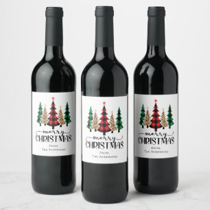 Étiquette Pour Bouteilles De Vin Joyeux Noël Arbres à carreaux rouges verts et noir