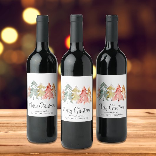 Étiquette Pour Bouteilles De Vin Joyeux Noël Arbres Aquarelle Vin Étiquette