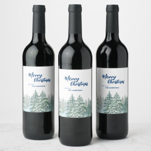 Étiquette Pour Bouteilles De Vin Joyeux Noël arbres forêt Aquarelle script