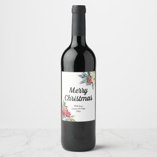 Étiquette Pour Bouteilles De Vin Joyeux Noël Baies rouges florales (Devant)