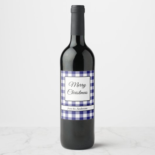 Étiquette Pour Bouteilles De Vin Joyeux Noël carreau bleu rustique (Devant)