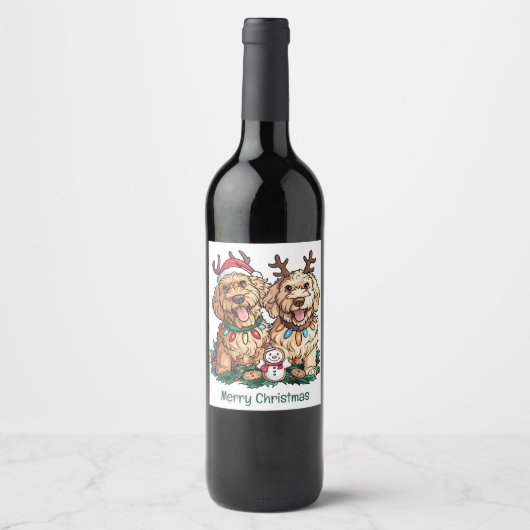 Étiquette Pour Bouteilles De Vin Joyeux Noël Chiens Goldendoodle (Devant)