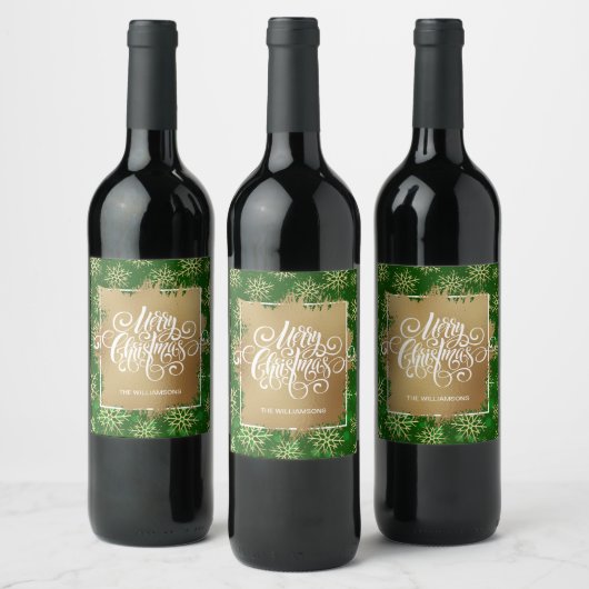 Étiquette Pour Bouteilles De Vin Joyeux Noël Green Snowflakes (Bouteilles)