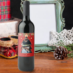 Étiquette Pour Bouteilles De Vin Joyeux Noël Multi Photo Tree Red Holiday