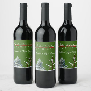 Étiquette Pour Bouteilles De Vin Joyeux Noël Pins verts rouges Pins Snowflakes