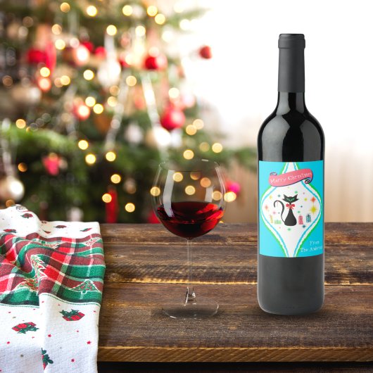 Étiquette Pour Bouteilles De Vin Joyeux Noël Retro Siamese Nom du chat