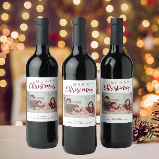 Étiquette Pour Bouteilles De Vin Joyeux Noël Rouge Green Festive Photo de famille