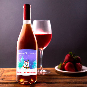 Étiquette Pour Bouteilles De Vin Joyeux Noël Samoyède avec serre-tête d'elfe