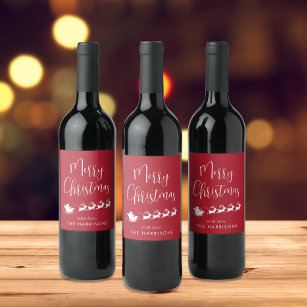 Étiquette Pour Bouteilles De Vin Joyeux Noël Santas Sleigh Red