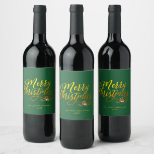 Étiquette Pour Bouteilles De Vin Joyeux Noël Script Or Rouge Houx