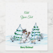 Étiquette Pour Bouteilles De Vin Joyeux Noël ! Snowman avec chat et chiot (Étiquettes simples)
