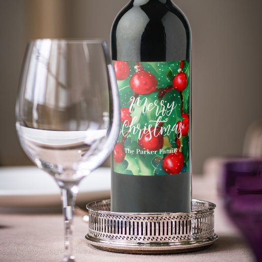 Étiquette Pour Bouteilles De Vin Joyeux Noël Verdure Et Baies Rouges